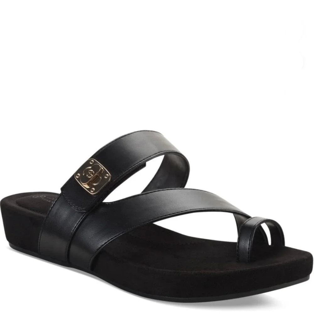Giani Bernini Rilleyy Black Toe Loop Wedge Sandals Gold‎ Hardware Womens 7.5 New